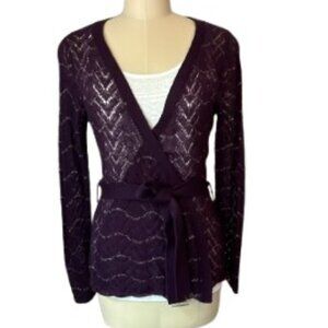 Kersh Belted Plum Cardigan with Woven Silver Thread Detail - EUC